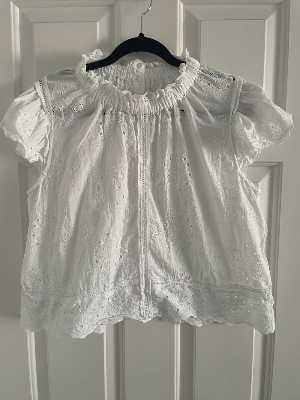 White Eyelet Ruffled Neck Blouse
